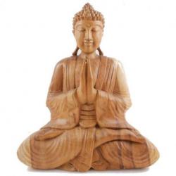 Grande statue de Bouddha assis en bois brut massif sculpté main 40cm