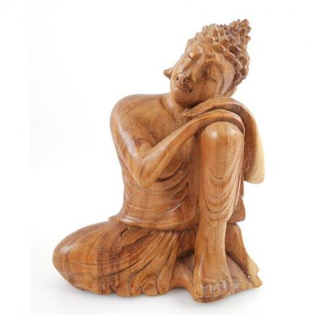 Statue de Bouddha penseur 20cm en bois brut sculpté main