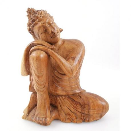 Statuette Bouddha penseur 20cm sculpture en bois naturel