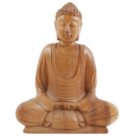 Statuette Bouddha Zen en bois sculpté main 20cm