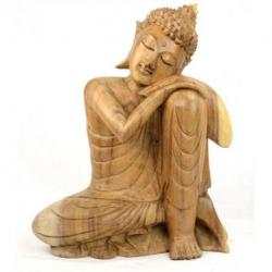 Statue du Bouddha penseur 40cm - Bois massif brut sculpté.