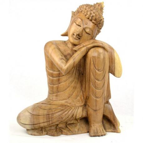 Statue du Bouddha penseur 40cm - Bois massif brut sculpté.