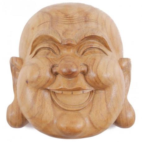 Masque du Bouddha rieur en bois exotique brut 20cm