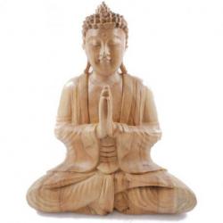 Statue de Bouddha assis mains jointes en bois brut 30cm
