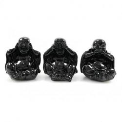 Statuettes "3 Bouddhas de la sagesse" en résine laquée noir brillant.