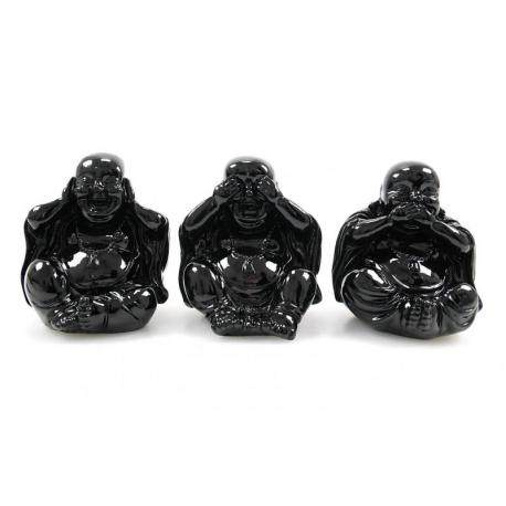 Statuettes "3 Bouddhas de la sagesse" en résine laquée noir brillant.