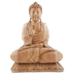 Sculpture Bouddha assis sur lotus en bois brut 40cm.