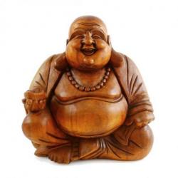 Statue Bouddha chinois rieur en bois sculpté main 30cm