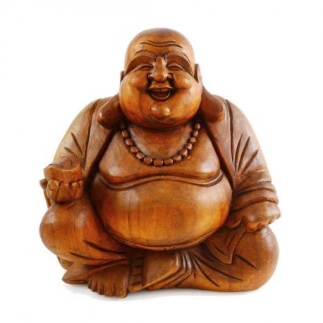 Statue Bouddha chinois rieur en bois sculpté main 30cm