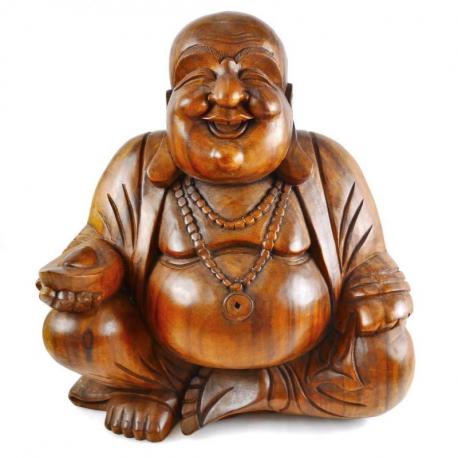 Statue Bouddha chinois rieur XL en bois sculpté 50cm