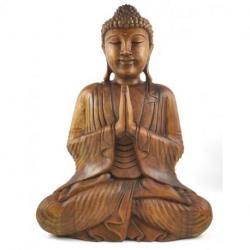 Grande statue de Bouddha assis en bois massif sculpté main 50cm