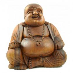 Statue Bouddha chinois rieur en bois sculpté 40cm