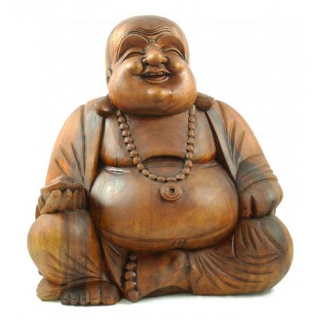 Statue Bouddha chinois rieur en bois sculpté 40cm