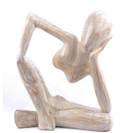 Statue abstraite "Le Penseur" 30cm en bois Blanc Cérusé