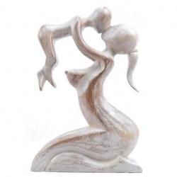 Statue abstraite Maman et Bébé 20cm en bois Blanc Cérusé