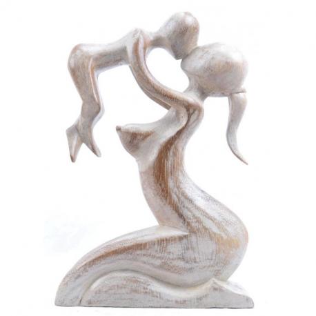Statue abstraite Maman et Bébé 20cm en bois Blanc Cérusé