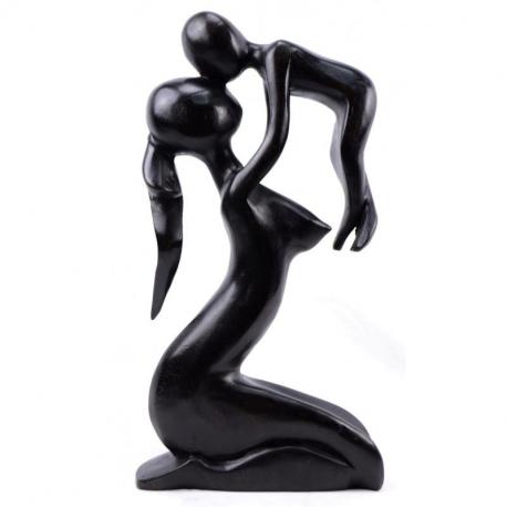Statue abstraite Maman et Bébé 30cm en bois noir ébène