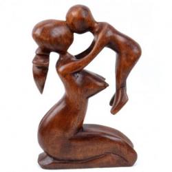 Statue abstraite Maman et Bébé 20cm en bois Teinté