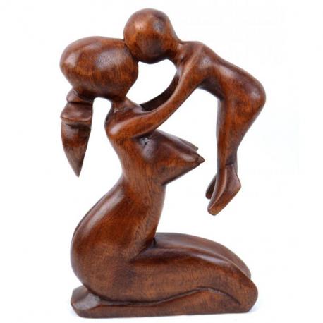 Statue abstraite Maman et Bébé 20cm en bois Teinté