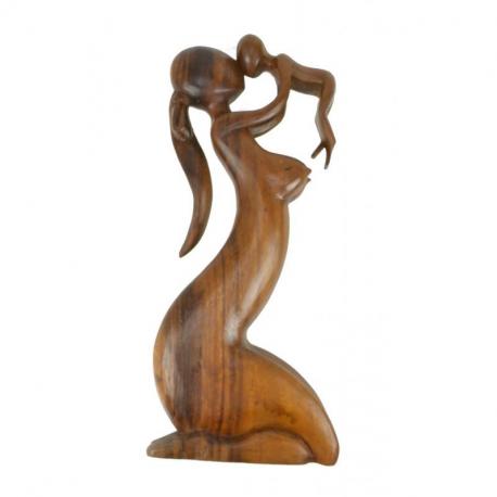 Statue abstraite Maman et Bébé 50cm en bois Teinté