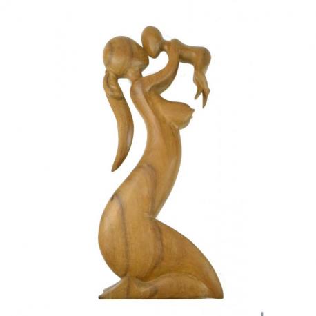 Statue abstraite Maman et Bébé 50cm en bois Brut