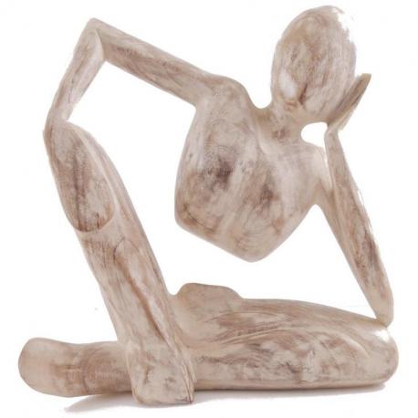 Statue abstraite "Le Penseur" 40cm en bois Blanc Cérusé