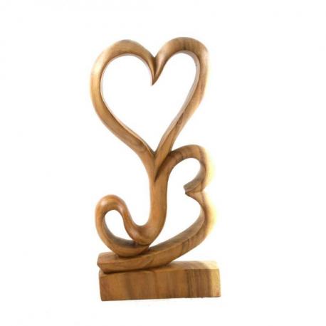 Statue 2 coeurs artisanale en bois brut 40cm