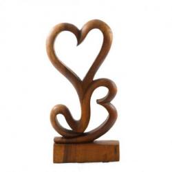 Statue 2 coeurs en bois teinté 40cm - Sculpture artisanale