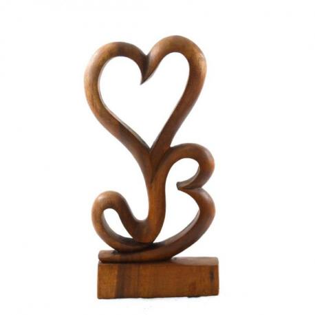 Statue 2 coeurs en bois teinté 40cm - Sculpture artisanale