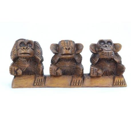 Les 3 singes "secret du bonheur" en bois massif 19cm