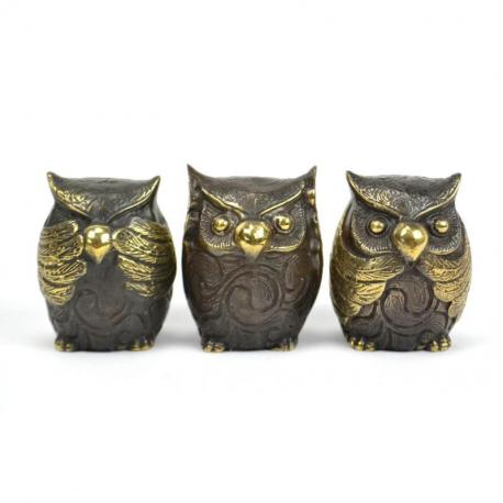 Les 3 chouettes "Secret du Bonheur". Statuettes  en laiton