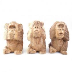 Les 3 singes de la sagesse XL. Statues en bois brut 20cm