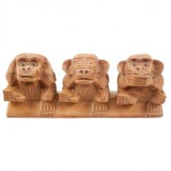 Statuettes 3 singes de la sagesse en bois brut 19cm