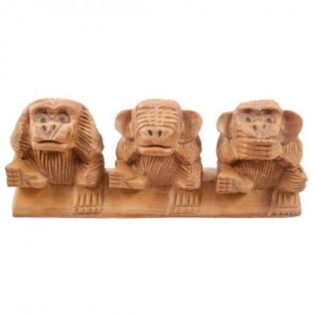 Statuettes 3 singes de la sagesse en bois brut 19cm