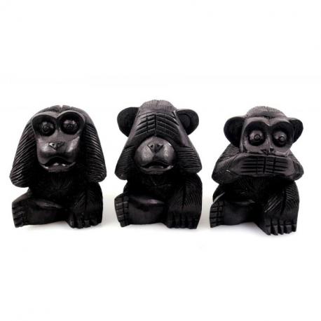 Les 3 singes "secret du bonheur". Statuettes en bois noir 10cm