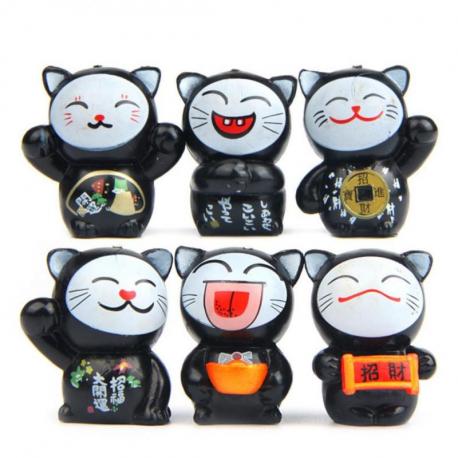 Chats porte-bonheur - Lot de 6 Maneki Neko noirs - Santé et protection