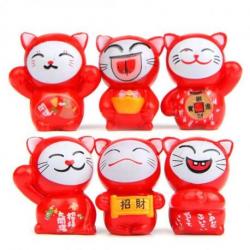 Chats porte-bonheur - Lot de 6 Maneki Neko rouges - Fortune et protection