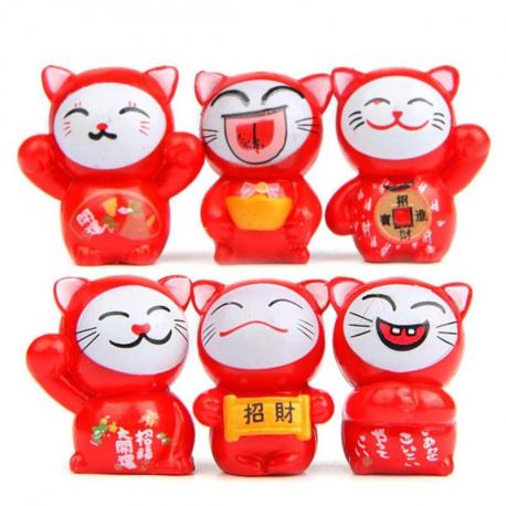 Chats porte-bonheur - Lot de 6 Maneki Neko rouges - Fortune et protection