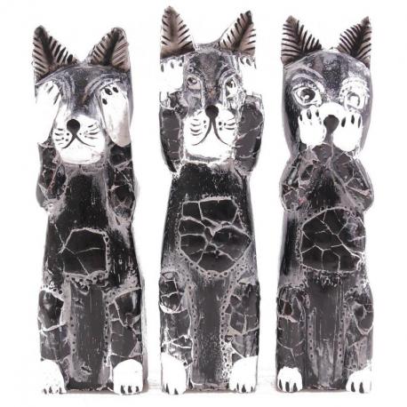 Lot de 3 petits chats gris 15cm. Statuettes en bois "Secret du bonheur"