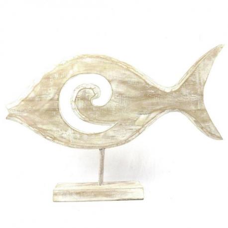 Grand poisson décoratif en bois patiné blanchi 50cm motif spirale
