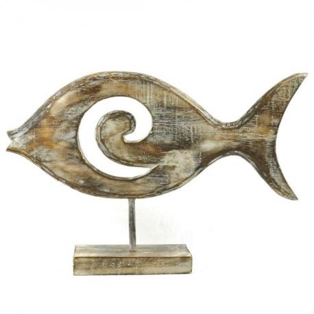 Grande statue Poisson à poser en bois patiné 40x50cm motif spirale