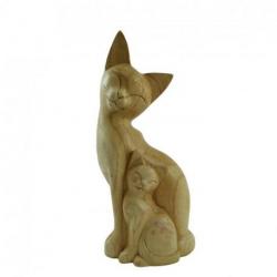 Statue maman chat et son chaton en bois sculpté à la main 32cm