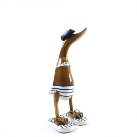 Canard décoratif en bois 35cm - Bikini rayé bleu & blanc