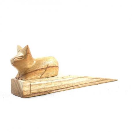 Bloque-porte Chat en bois naturel sculpté main