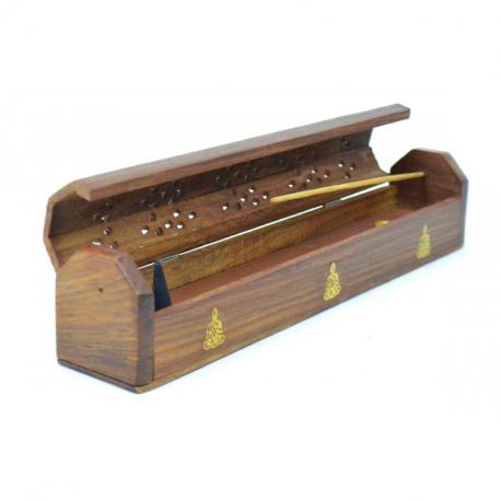 Porte-encens avec rangement / boîte en bois, motif Bouddha