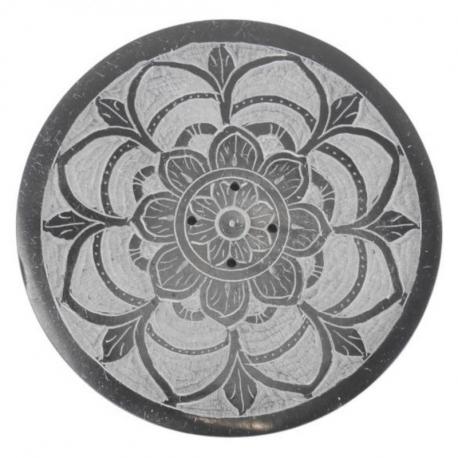 Porte-encens rond noir et blanc en Pierre à savon - Symbole mandala