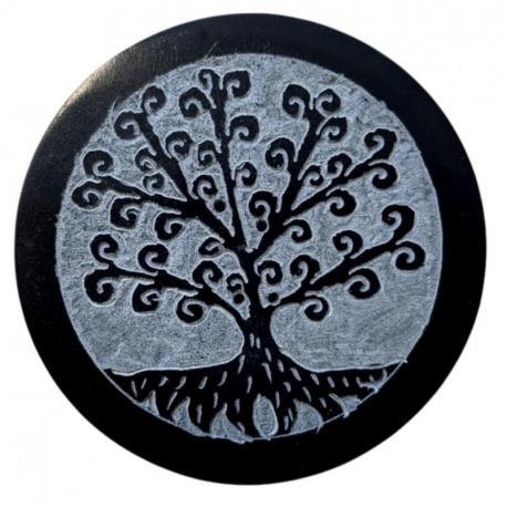 Porte-encens rond ø10cm noir et gris en Pierre à savon - Motif Arbre de vie
