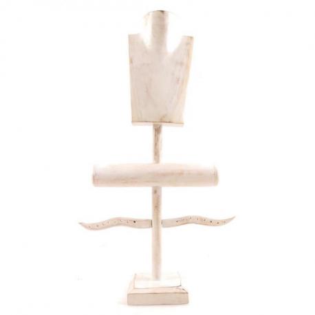Présentoir à Bijoux pour colliers, boucles, bracelets et montres - bois massif teinté blanc cérusé