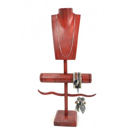 Présentoir à Bijoux pour colliers, boucles, bracelets et montres - bois massif teinte rouge