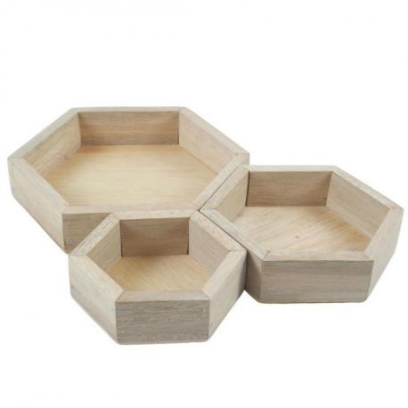 Set de 3 plateaux de présentation pour bijoux - Présentoirs hexagonaux gigognes en bois brut